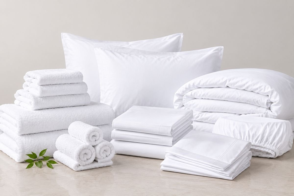 Folded linen stock on housekeeping shelves